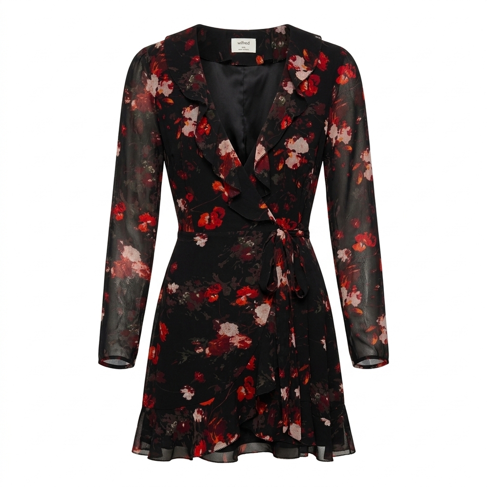 Wilfred black floral print wrap dress with long sleeves, ruffle trim neckline, s